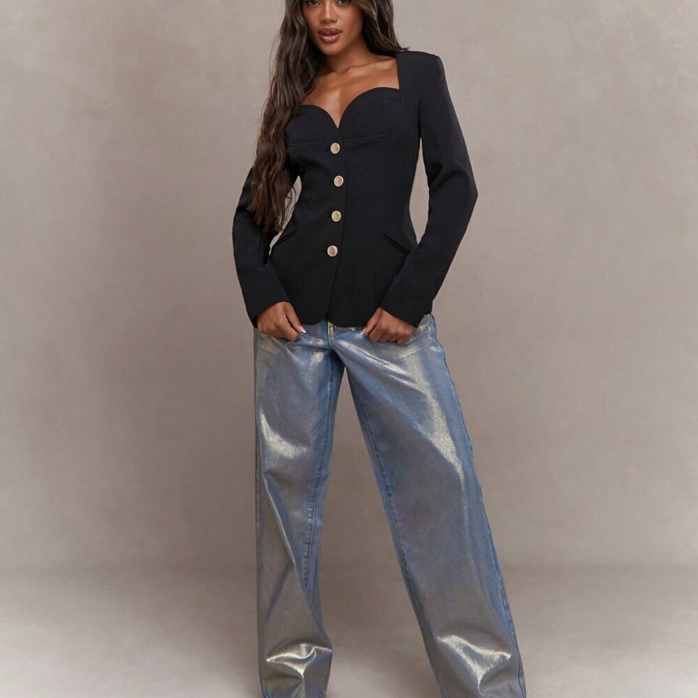 Black Casual Women's Tailored Buttoned Sweetheart Neck Tucked Jacket - Picture 4 of 4
